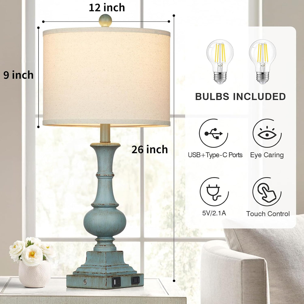 Farmhouse Table Lamps Set of 2, 26" Vintage Rustic Touch Control 3-Way D...