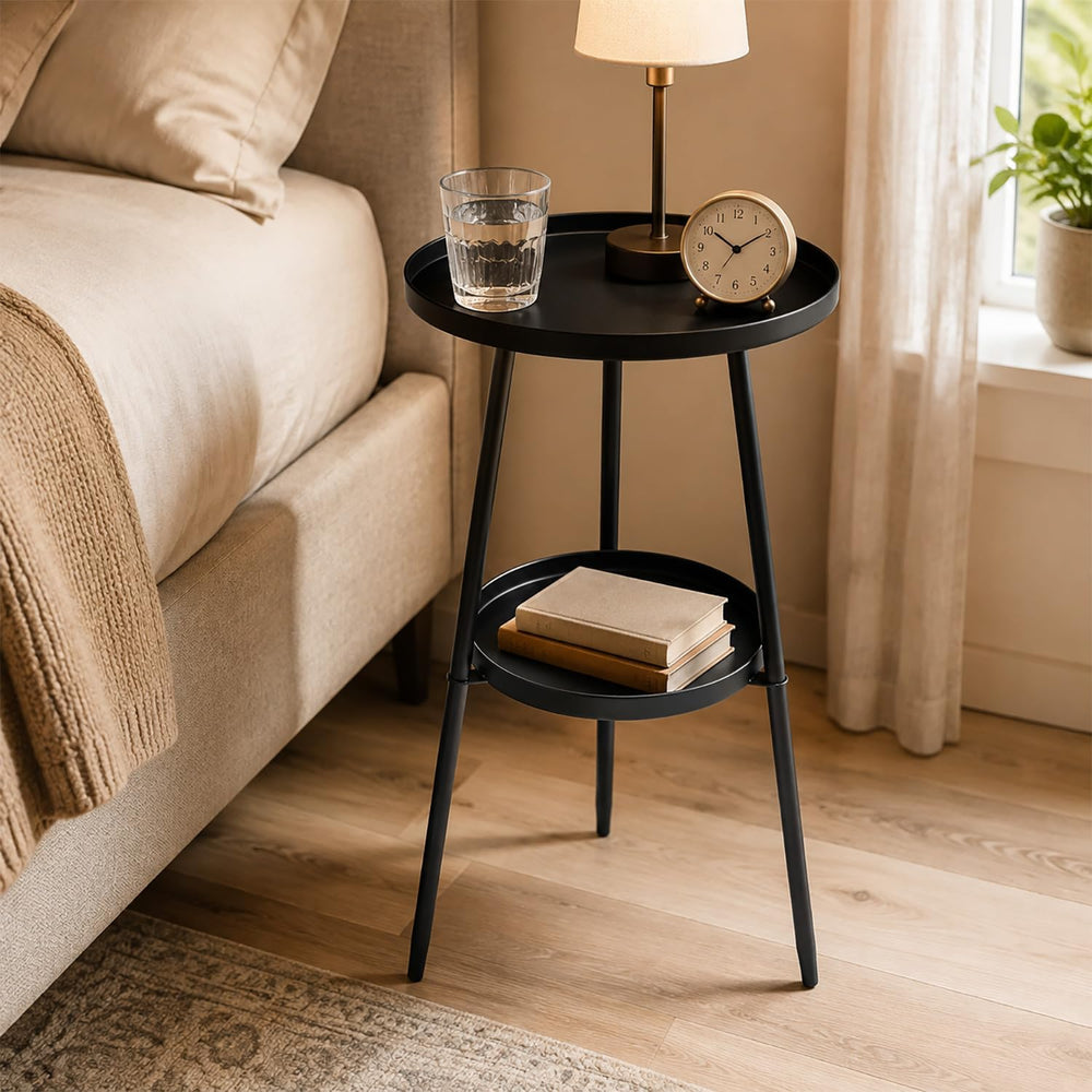 2-Tier Metal Outdoor Side Tables Set of Two 12.6" Round Black End Tables...