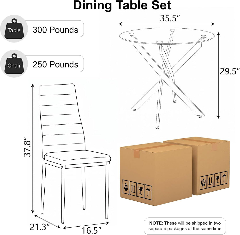 Round Tempered Glass Dining Table Set with Black Metal Legs