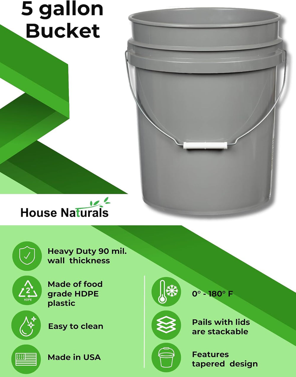 House Naturals 5 Gallon Food Grade BPA Free Made in USA Pails Gray Bucket wit...