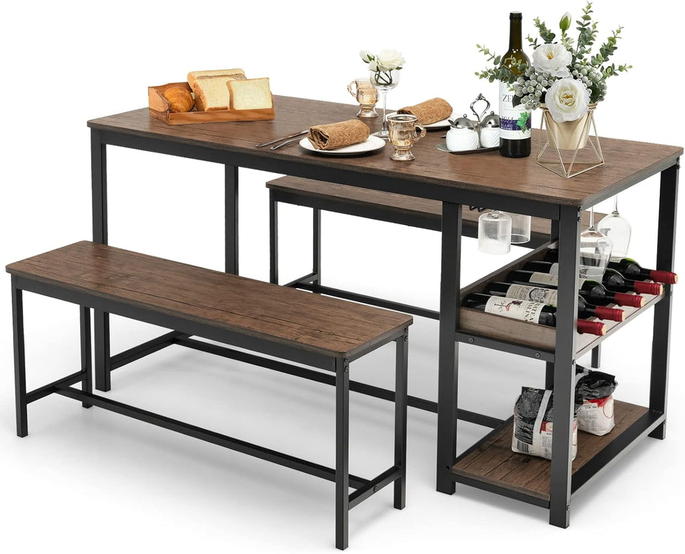 COSTWAY 3-Piece Dining Table Set for 4, Rustic Pub Table with 2 Benches
