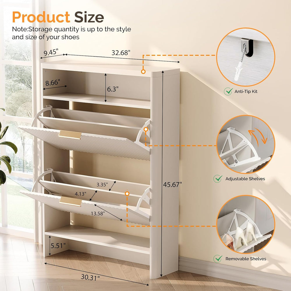 VINGLI White Slim Shoe Cabinet with Curved Edges, Modern Hidden Shoe Storage ...