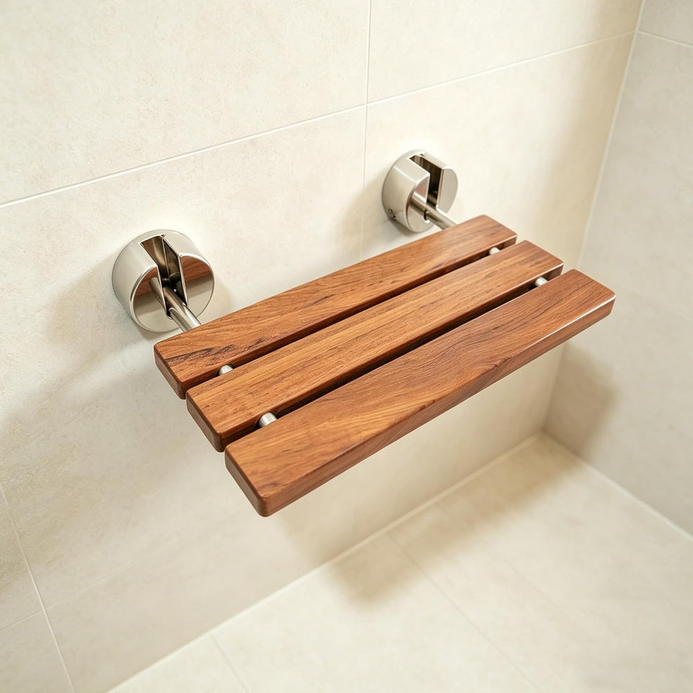 DIYHD 20" Burmese Teak Wood Wall Mounted Folding Shower Bench, Brushed