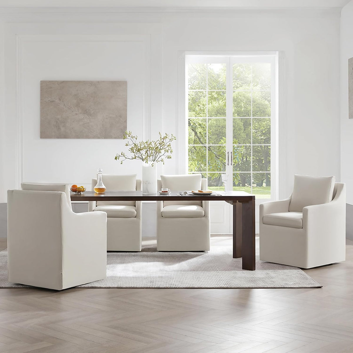 KISLOT Upholstered Dining Chairs Set of 4 with Casters, Flax Beige