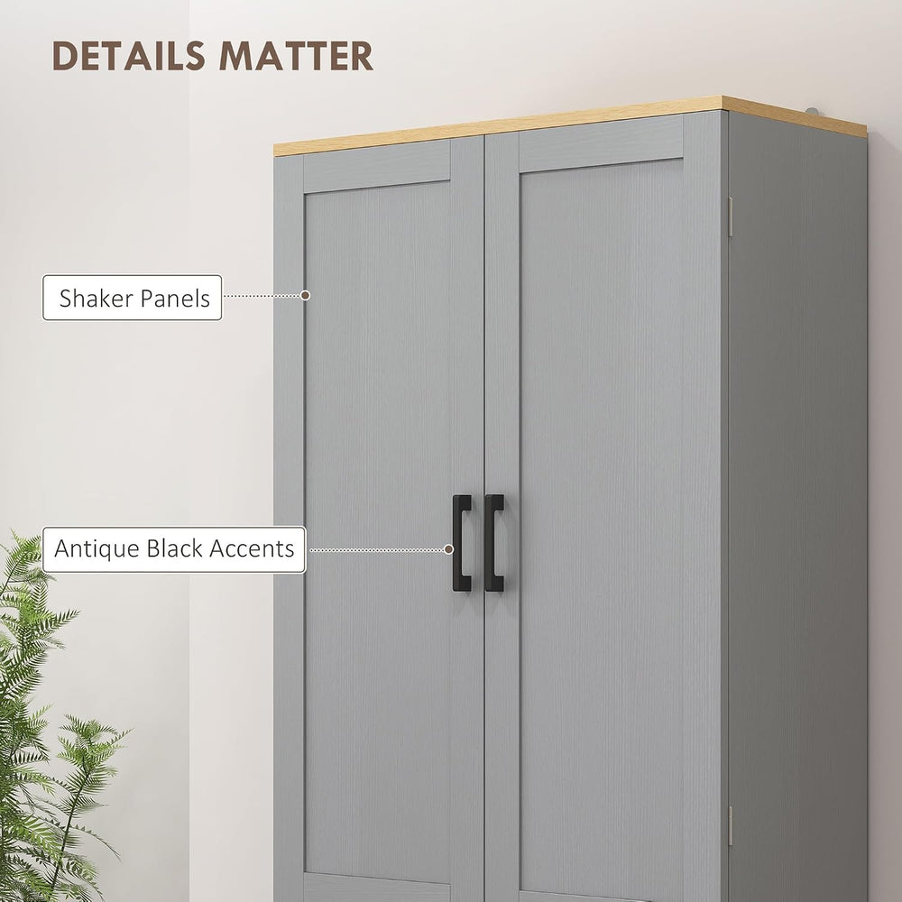 HOMCOM 67" Freestanding Kitchen Pantry 4-Door Cabinet Distressed Gray