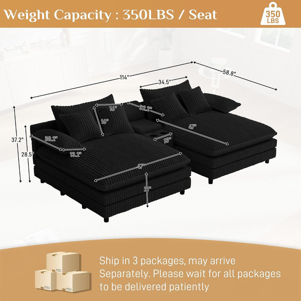114" Oversized Double Chaise Lounge, Corduroy Sofa Bed with Storage, Black
