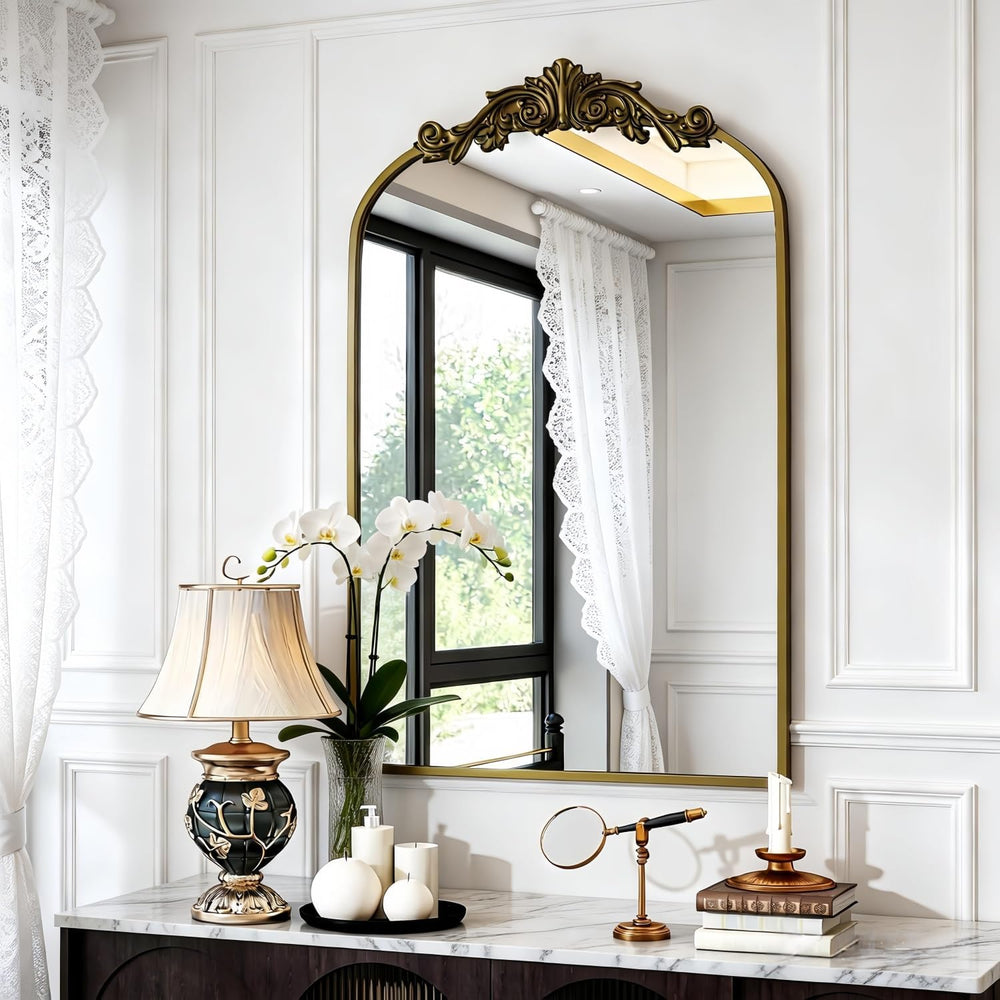 Dewfig Vintage Arched Wall Mirror, 36"x24" Antique Bronze Bathroom ...