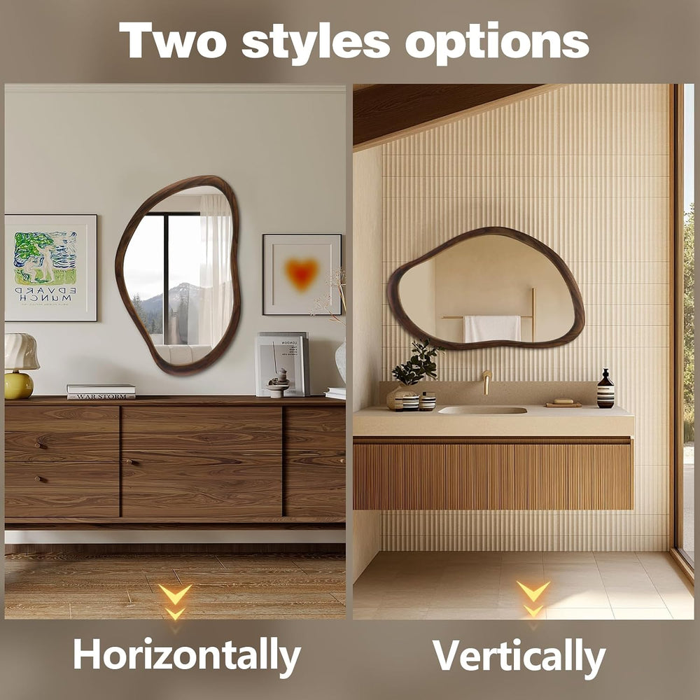35"x24" Irregular Wall Mirror, Dark Walnut Wood Bathroom Mirror