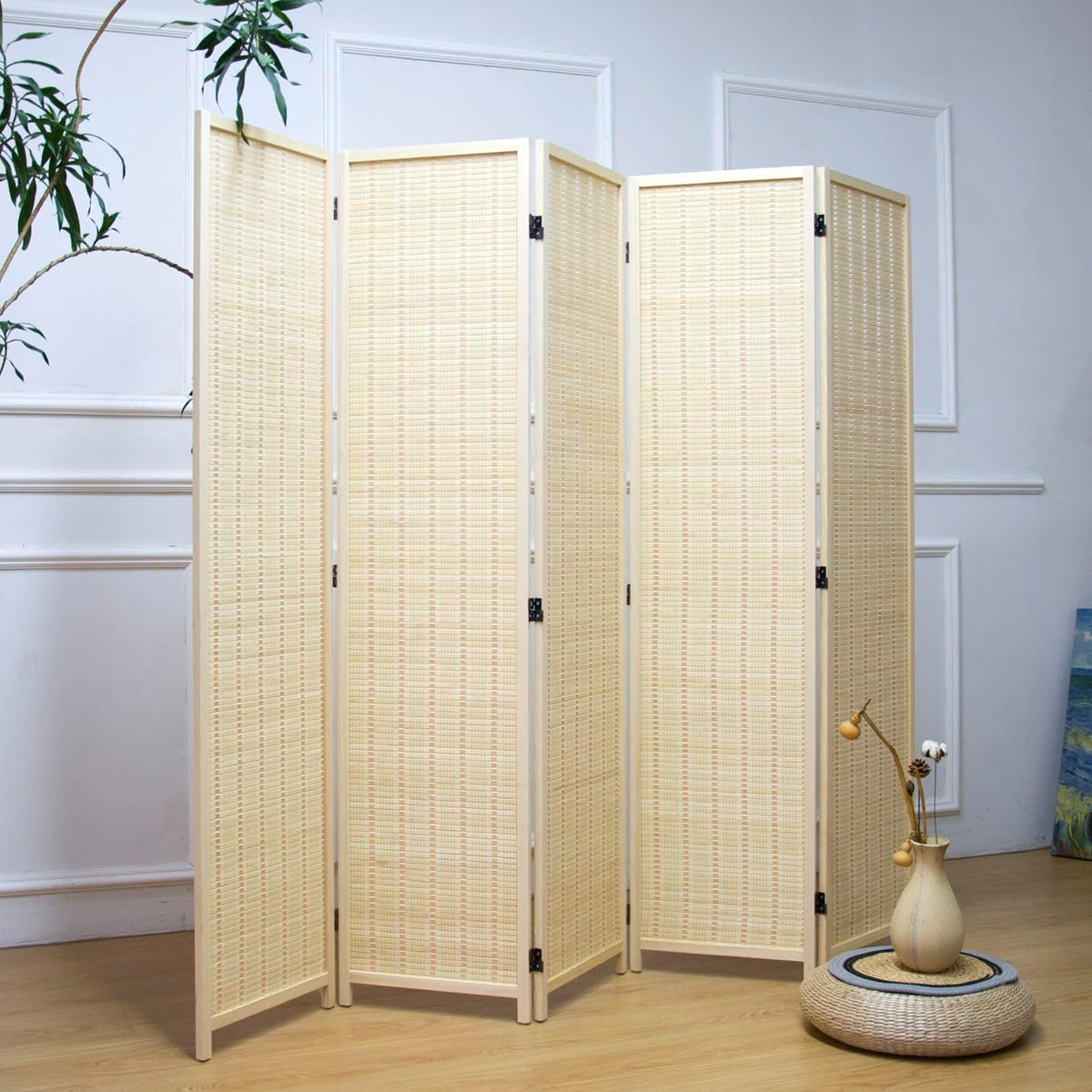 Furnnylane 5 Panel Bamboo Room Divider – 5.6 ft Tall Folding Privacy Screen, Natural Beige Freestanding Room Partition Wall for Home Office (67" x 76.75", 5-Panel)