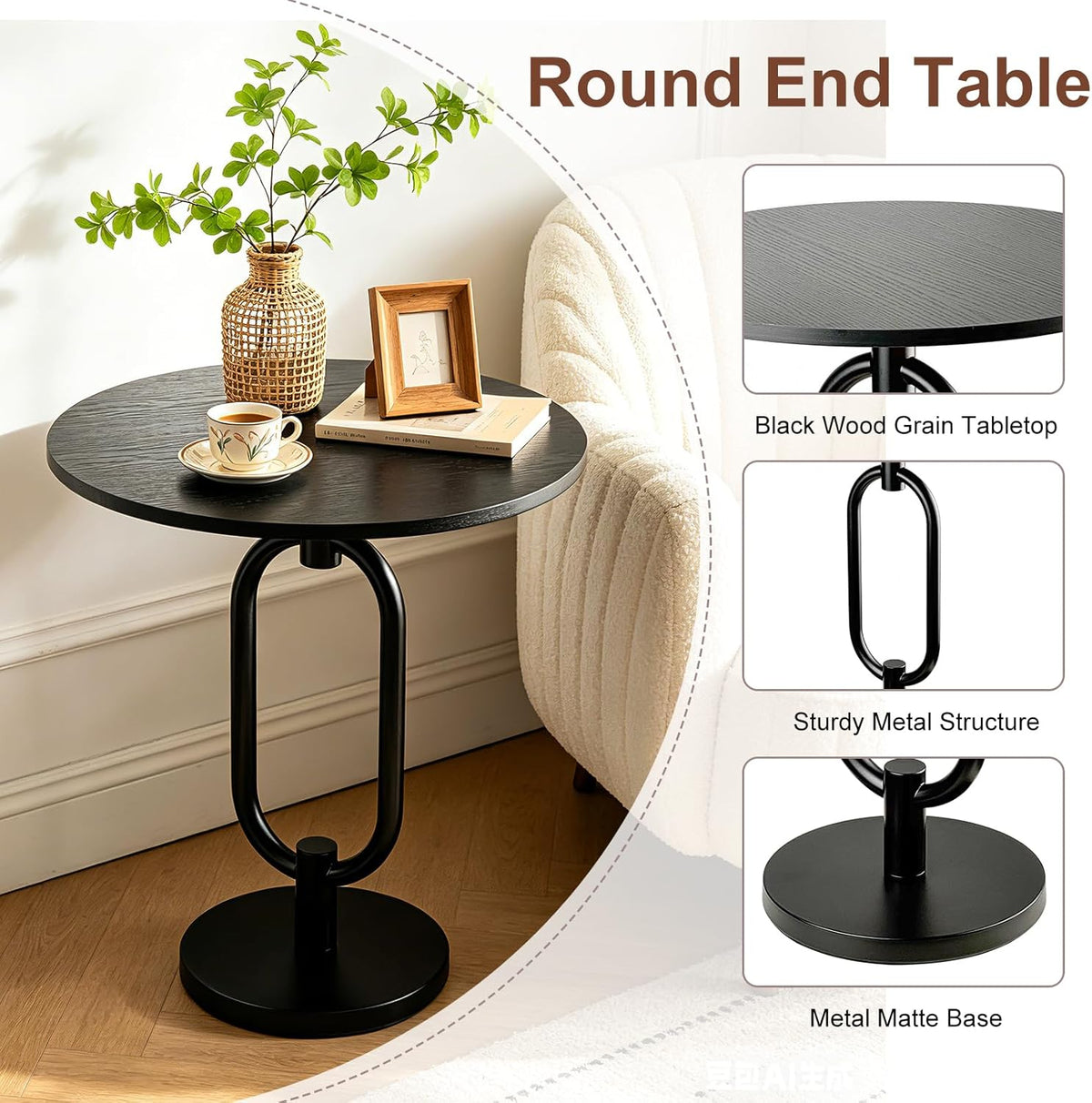 17In Black Round Side Table Modern End Table Stable Sofa Side Table with Heavy Duty Base Integrated Accent Coffee Table Nightstand for Living Room Bedroom Backyard