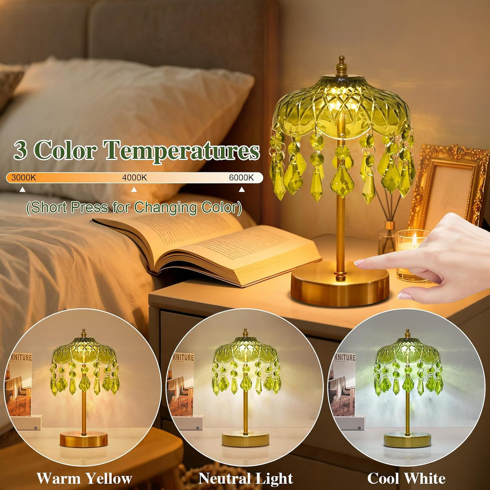 Cordless Crystal Table Lamp, 6000mAh, Touch Dimmable, 3-Color