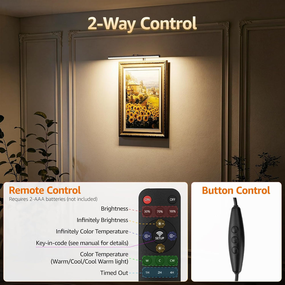 24" Plug in LED Picture Light, 9W Black Remote Control Wall Light