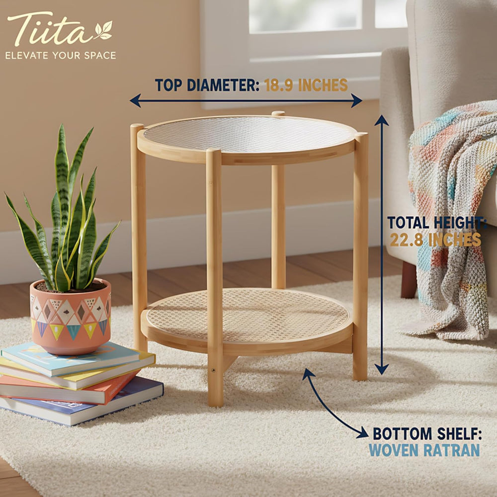 Tiita Natural Rattan End Table with Storage, Bamboo Glass Top Side Table