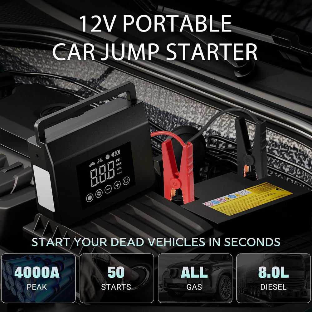 Hieha Portable Car Battery Jump Starter with Air Compressor, 4000A Peak