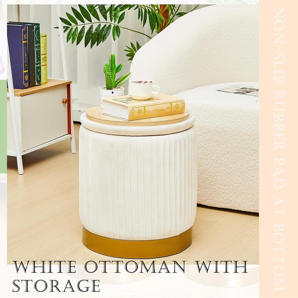 Barydat 2 Pcs Round Ottoman with Storage White Velvet Storage Ottoman Stool w...