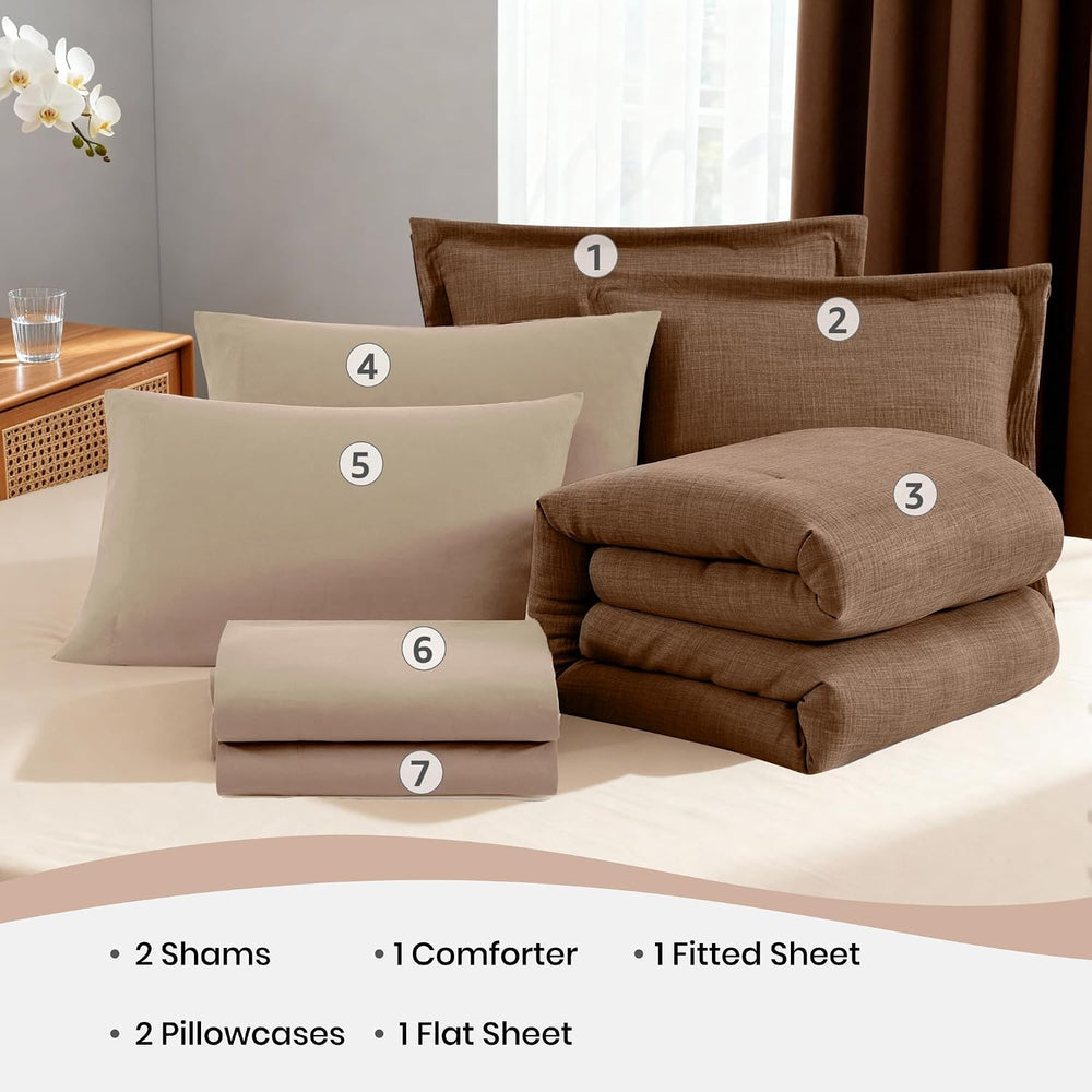 King Size Comforter Set - 7 Pieces Brown Bedding Set Textured Bed in a Bag