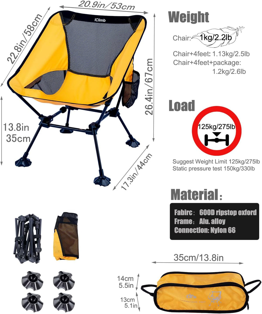 iClimb Ultralight Compact Folding Anti-Sinking Chair, Yellow