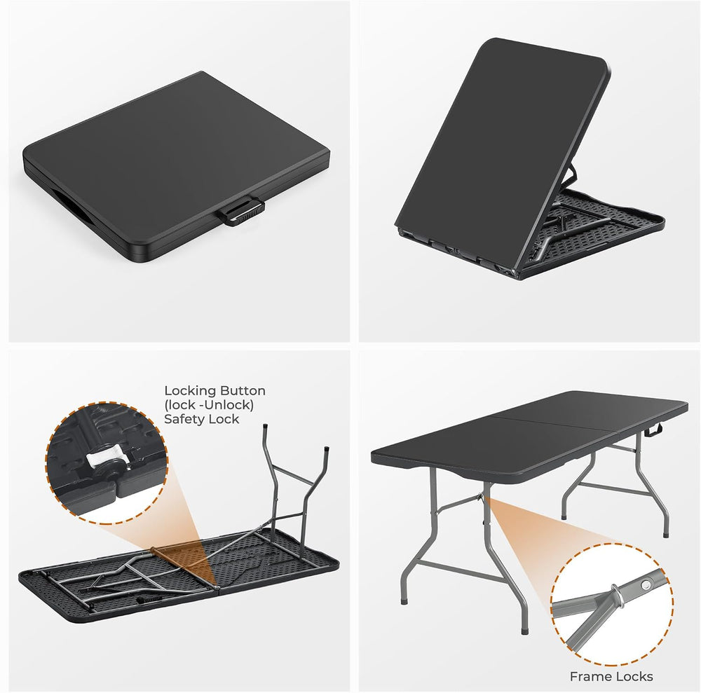 Fenbeli 5FT Folding Table, Upgraded 18% Thickened HDPE Top, 350 LBS, Black