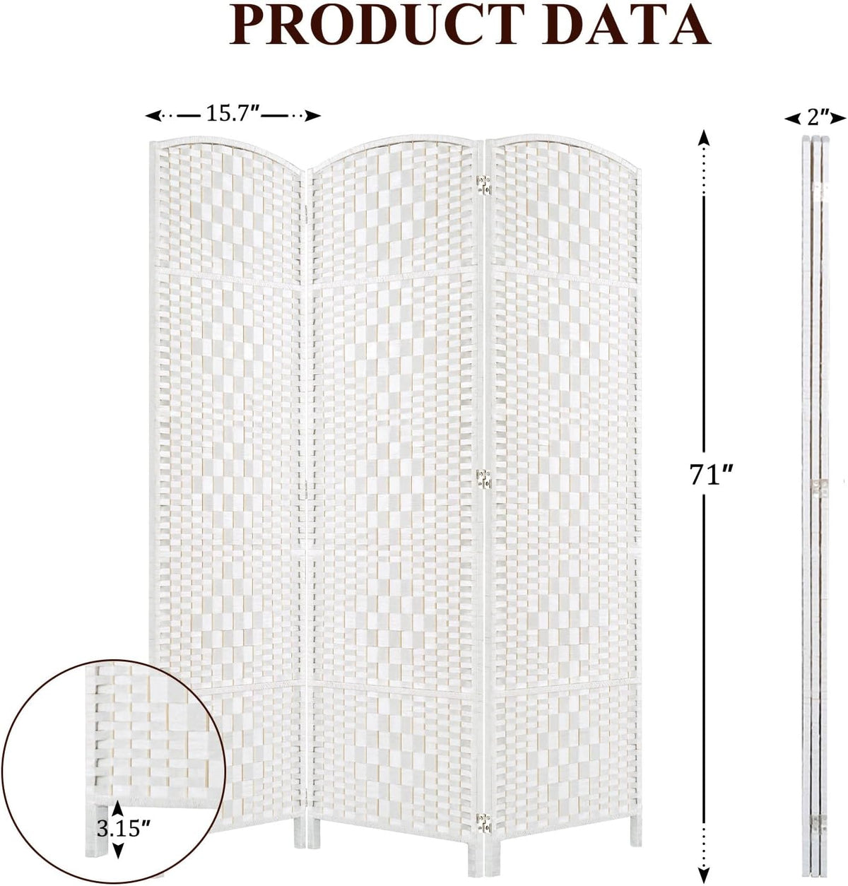 HALLYBEE Room Divider Panel,3 Panel Partition Room Dividers Screen, White