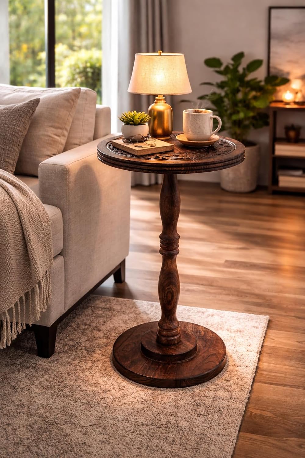 Mango Wooden Accent Table 12x22 Round Handcrafted Carved Side Table