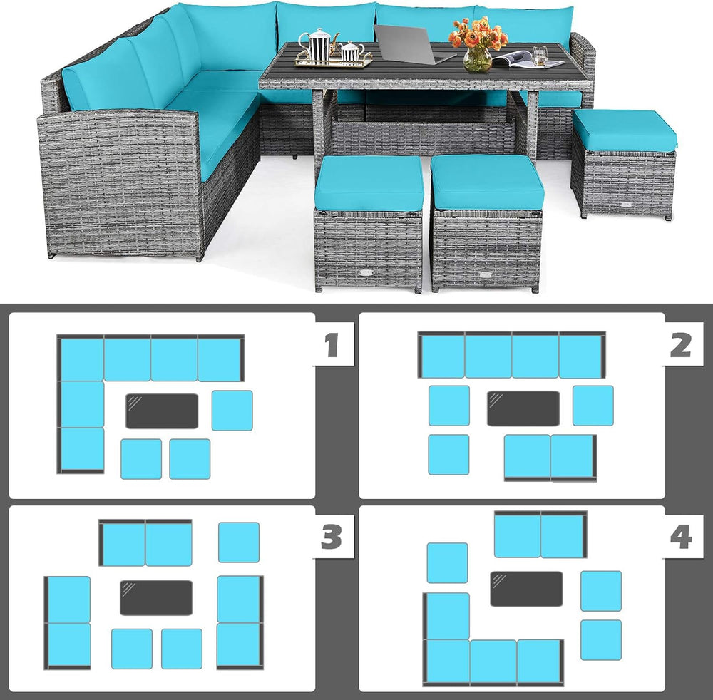HAPPYGRILL 7 Pieces Rattan Wicker Patio Conversation Set (Turquoise)