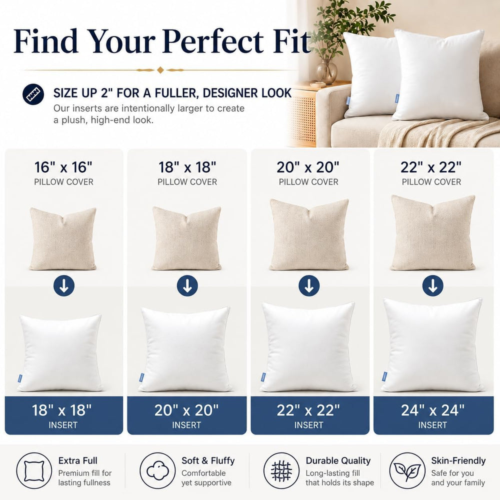 Leeden 22x22 Throw Pillow Inserts Set of 4, Pillow Forms for Couch