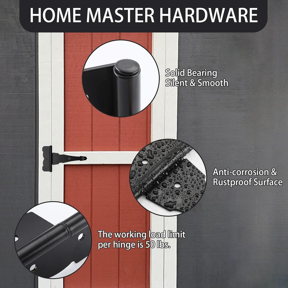 HOME MASTER HARDWARE 8" Heavy Duty Gate Hinges, 6 Pack Black T Strap Hinges