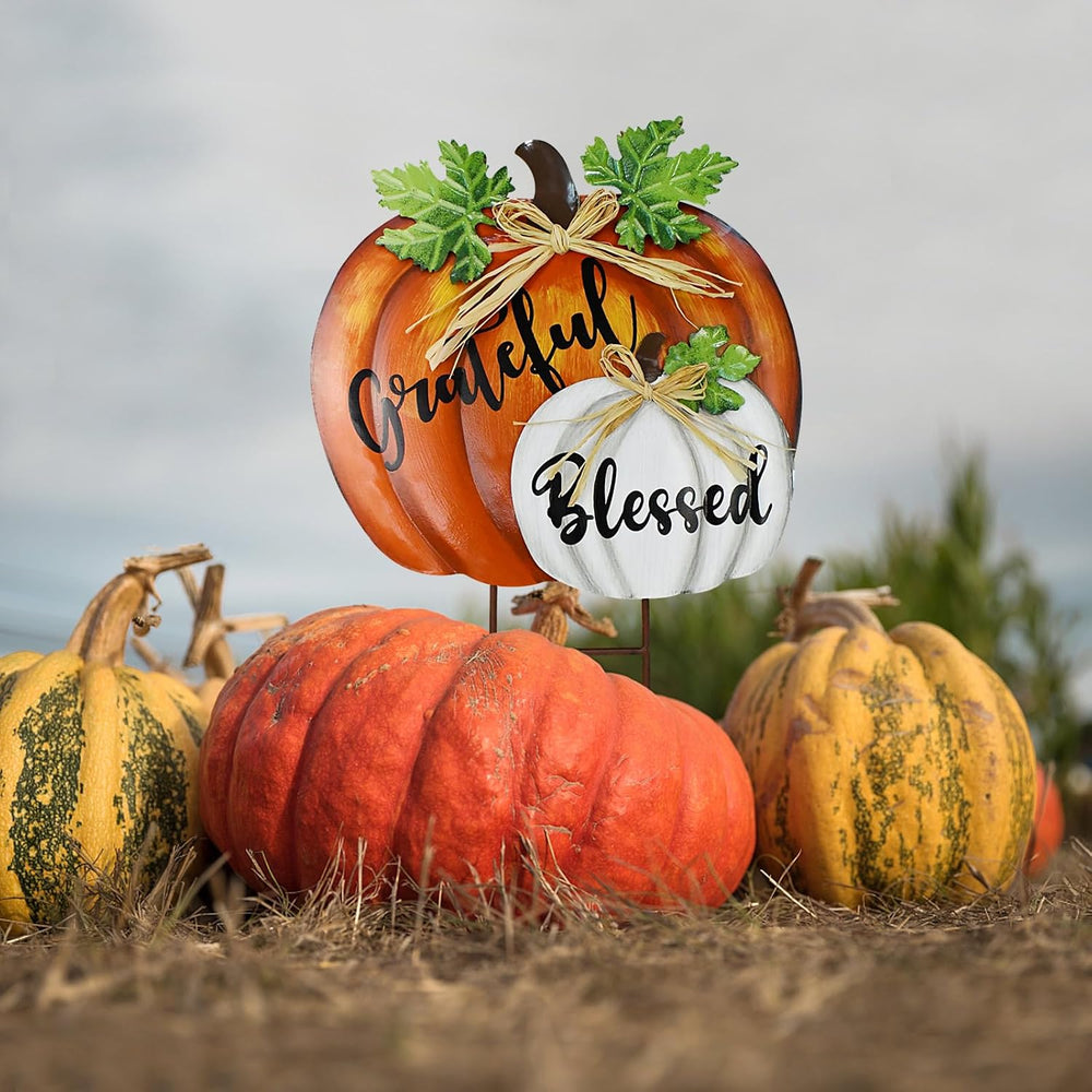 Happy Fall Decor Metal Garden Stake Stacked Pumpkin Welcome Yard Sign