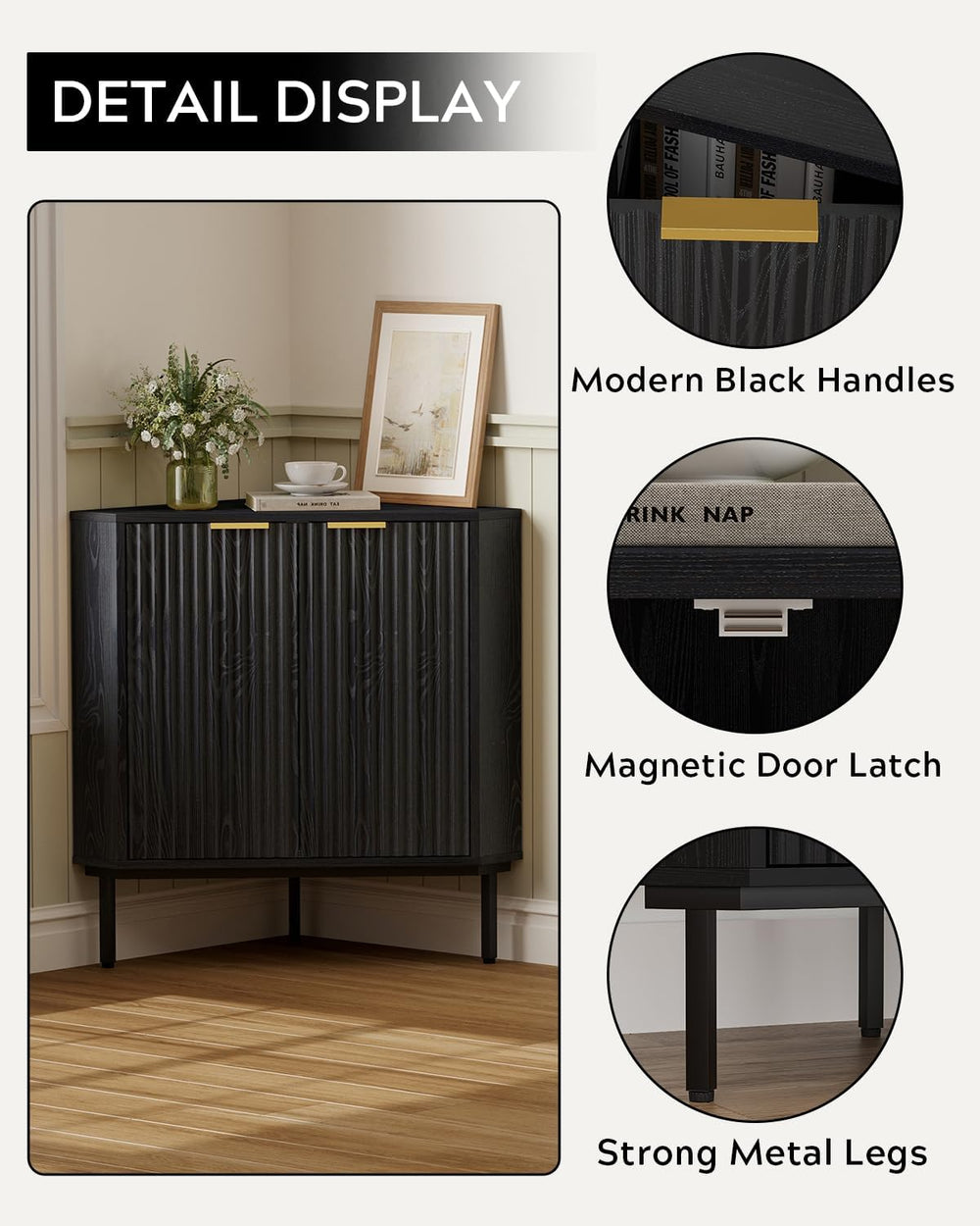 Modern Fluted Corner Cabinet, Small Floor Storage Cabinet with Adjustable She...