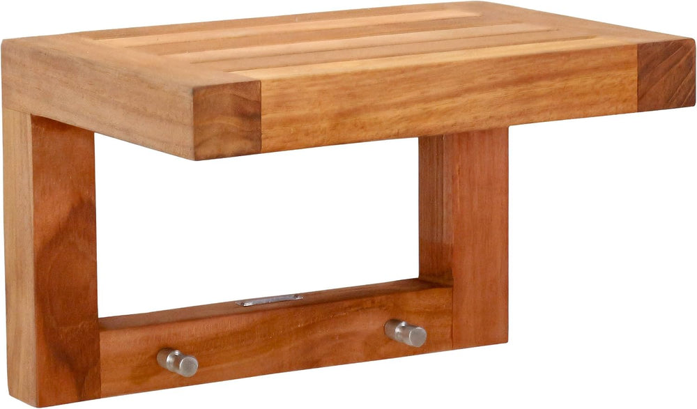AquaTeak 12" Moa Floating Teak Wall Shelf with Hooks