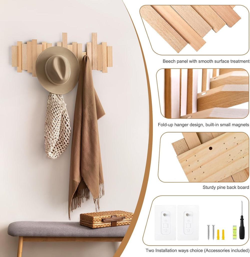 Ufine Wood Wall Mounted Coat Rack with 6 Flip-Down Hooks