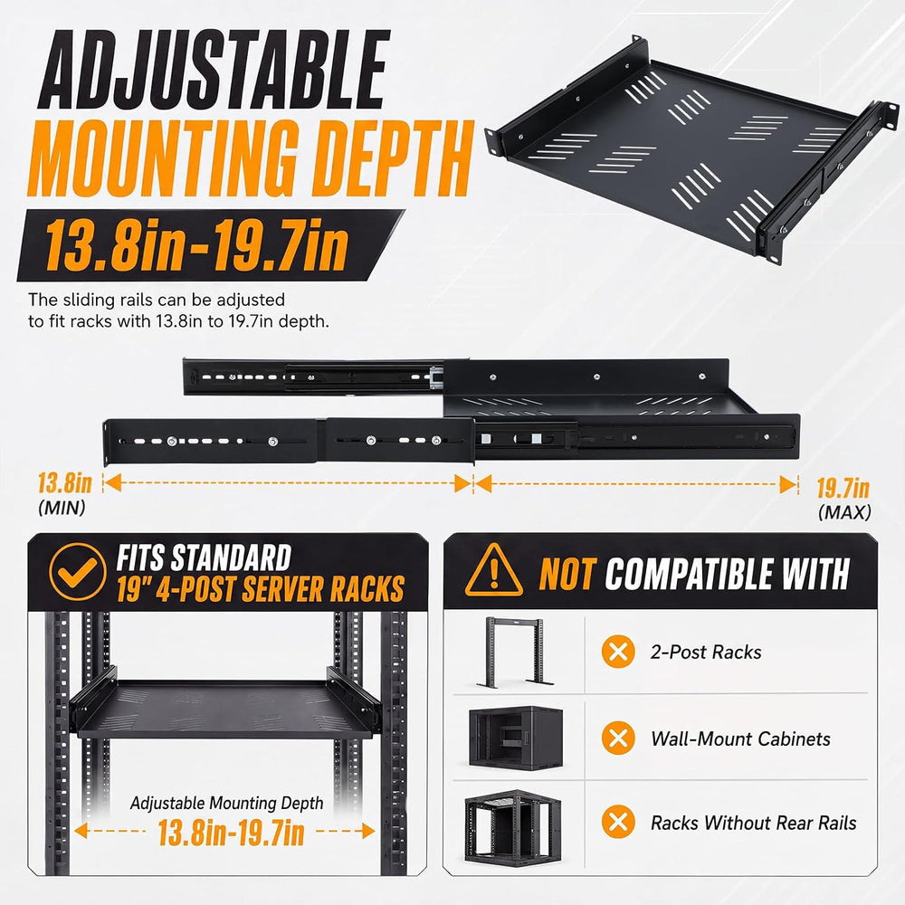 1 Pcs 1U Sliding Rack Shelf, Mounting 13.8-19.7 Inch Depth