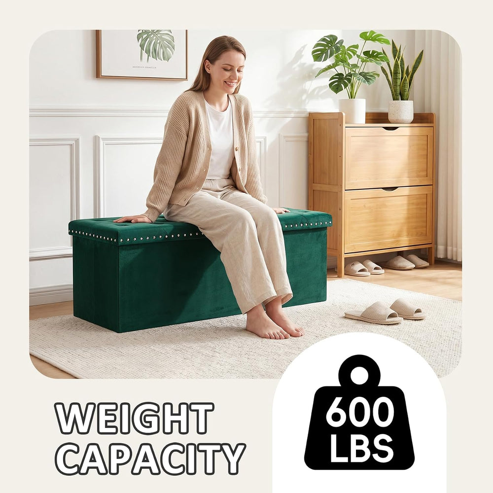 PINPLUS Folding Storage Ottoman Bench, Green Velvet