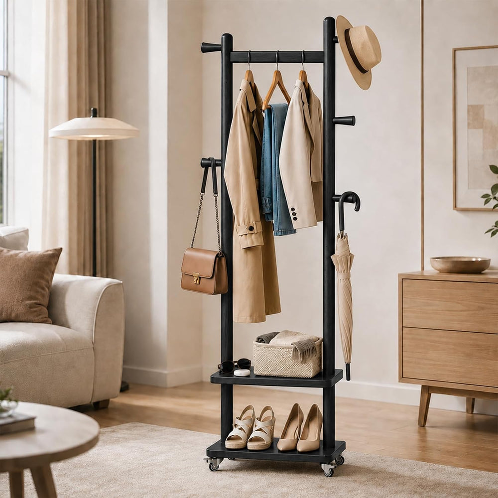 Taitiy Small Clothes Rack Solid Wood Coat Rack Freestanding with Wheels