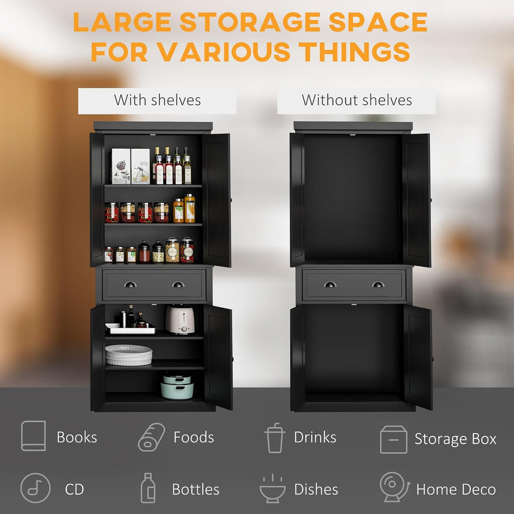 HOMCOM 72.5" Kitchen Pantry Cabinet Freestanding 4 Doors Black