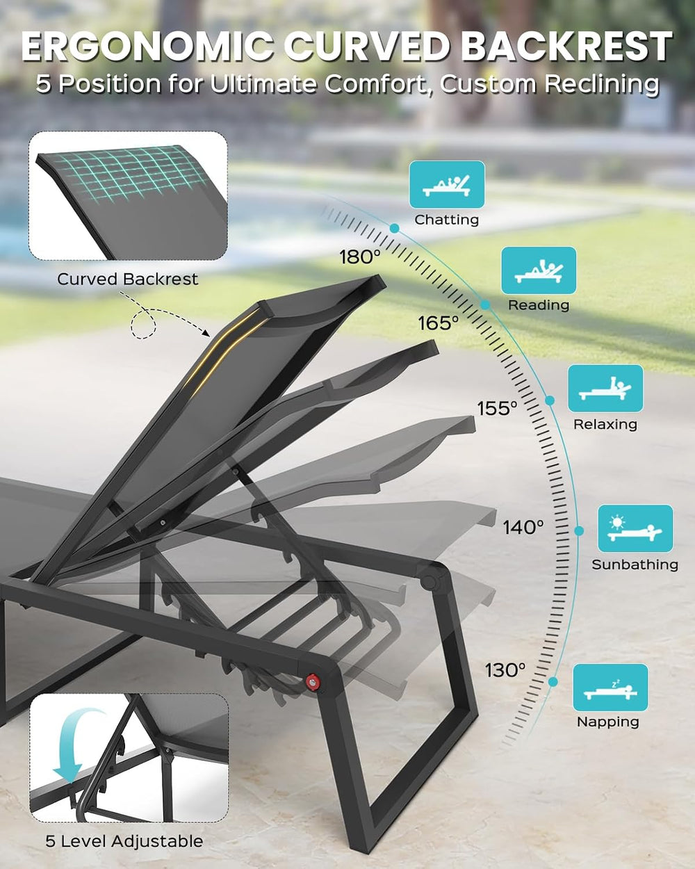 Aluminum Chaise Lounge Chair Outdoor, Foldable& No Assembly Patio Pool Lo...