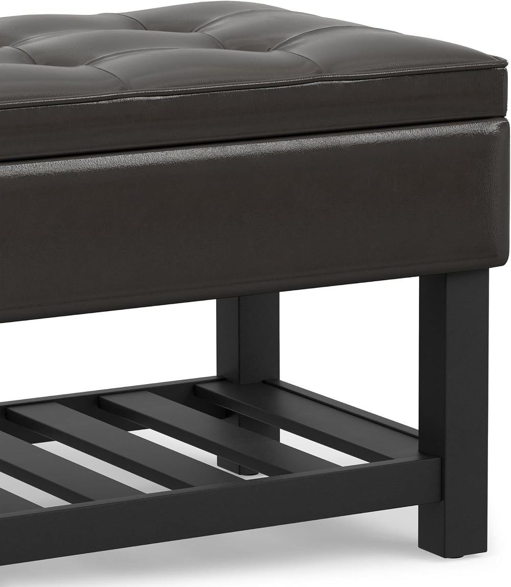 SIMPLIHOME Cosmopolitan 44" Wide Vegan Leather Storage Ottoman in Brown