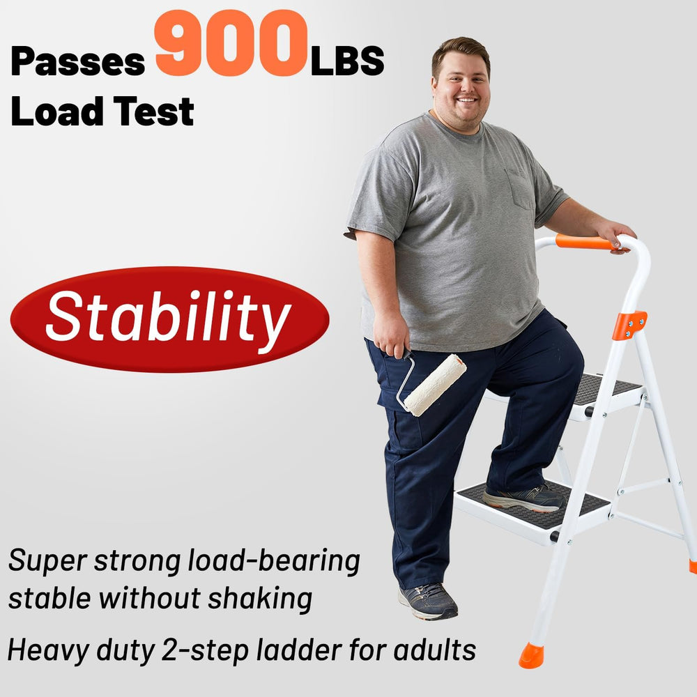 2 Step Ladder, Heavy Duty Step Stool with Orange Cushioned Handle