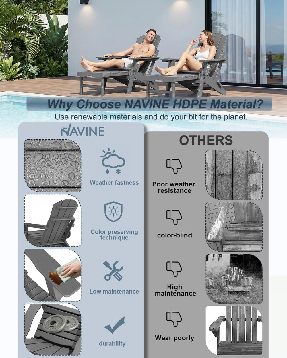NAVINE Adjustable Adirondack Chair Set of 4 with Retractable Ottoman