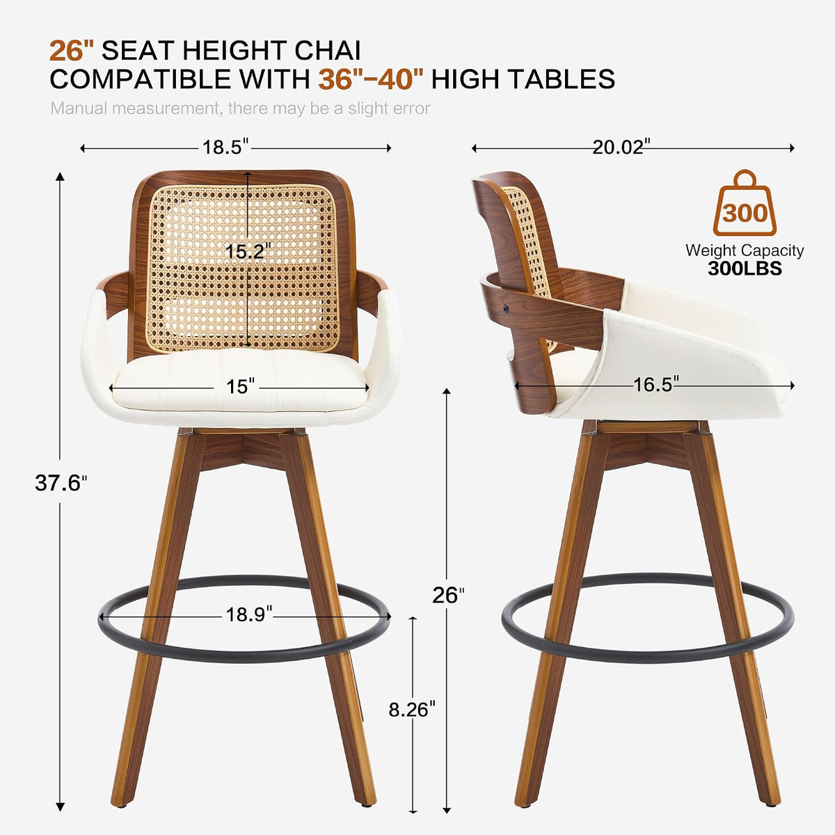 VipDesk 26" Swivel Counter Stools Set of 2 with Rattan Back, Cream