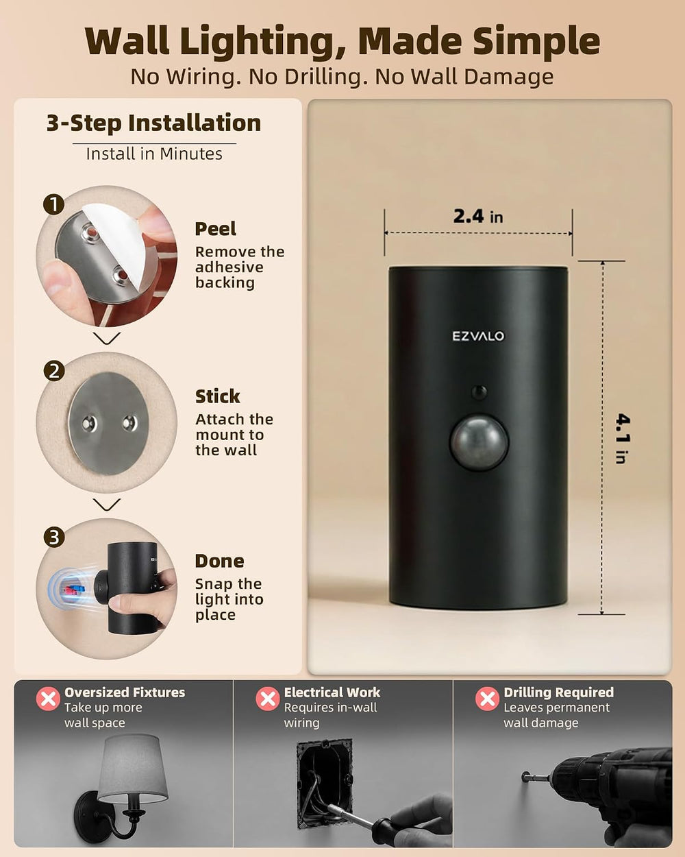 EZVALO Motion Sensor Wall Light, Rechargeable Wireless LED Sconce