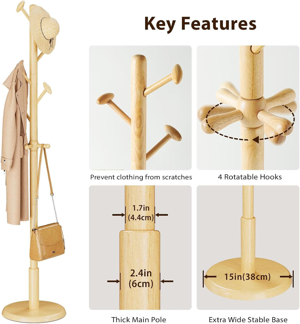 Taitiy Solid Wooden Coat Rack Stand Freestanding Hall Tree with 10 Hooks