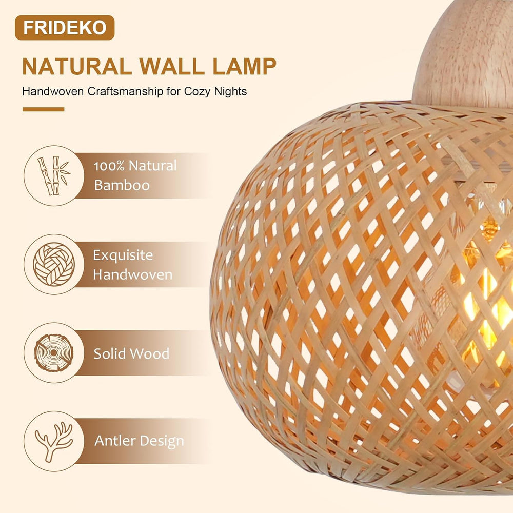 Frideko Bamboo Lantern Plug in Wall Sconces Wicker Wall Lamp with Plug in Cor...