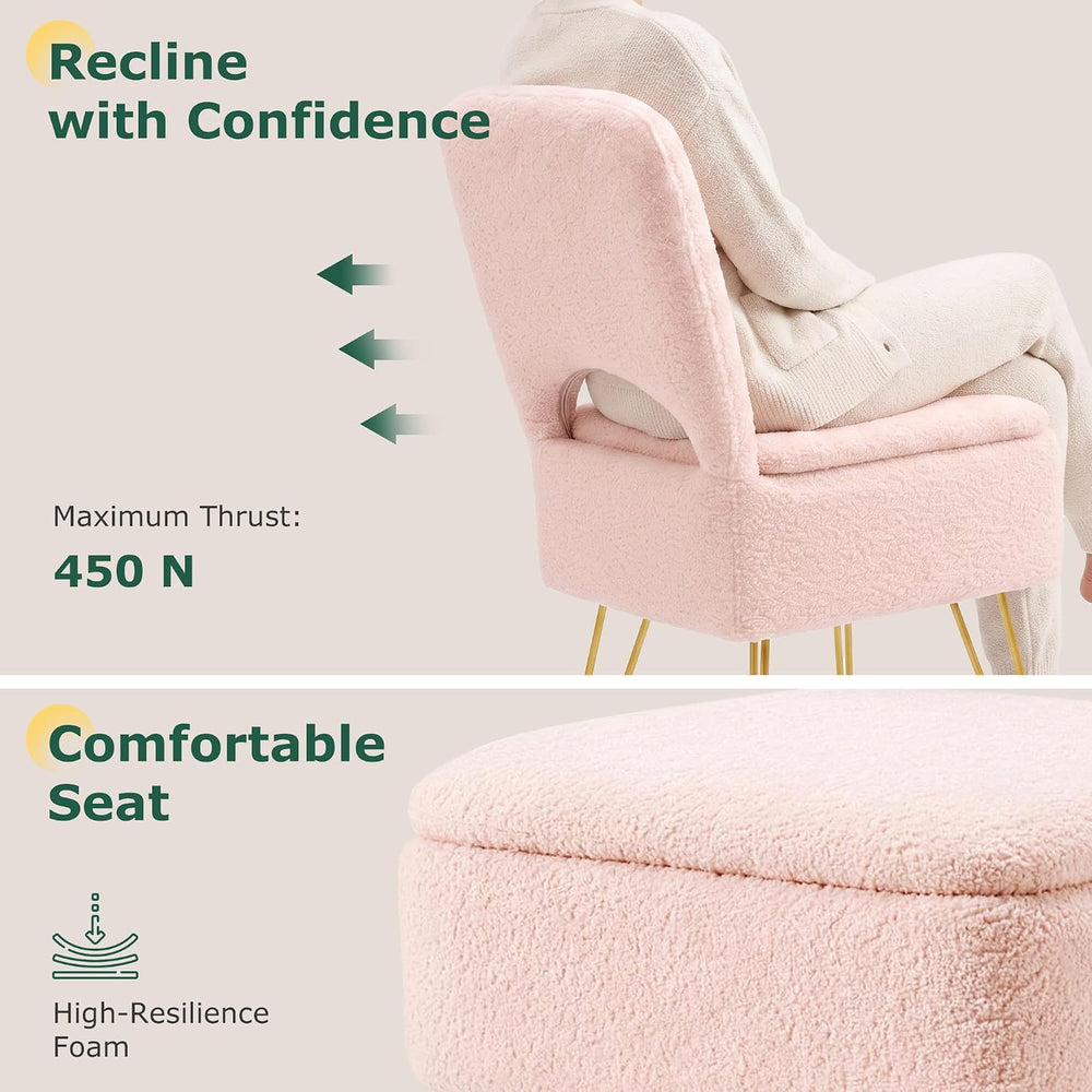 VECELO Pink Vanity Stool Chair with Storage and Folding Back, 15.75" x 1...
