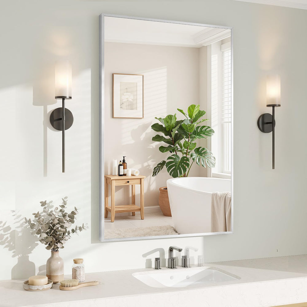 Koonmi Silver Rectangle Wall Mirror, 26x38 Inch Bathroom Mirror, Aluminum Fra...