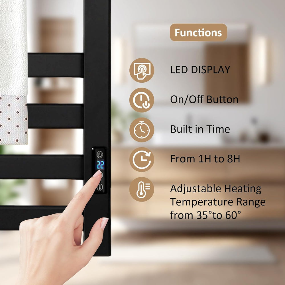 Heated Towel Rack Timer & Multi-Level Temp Adjustment Black