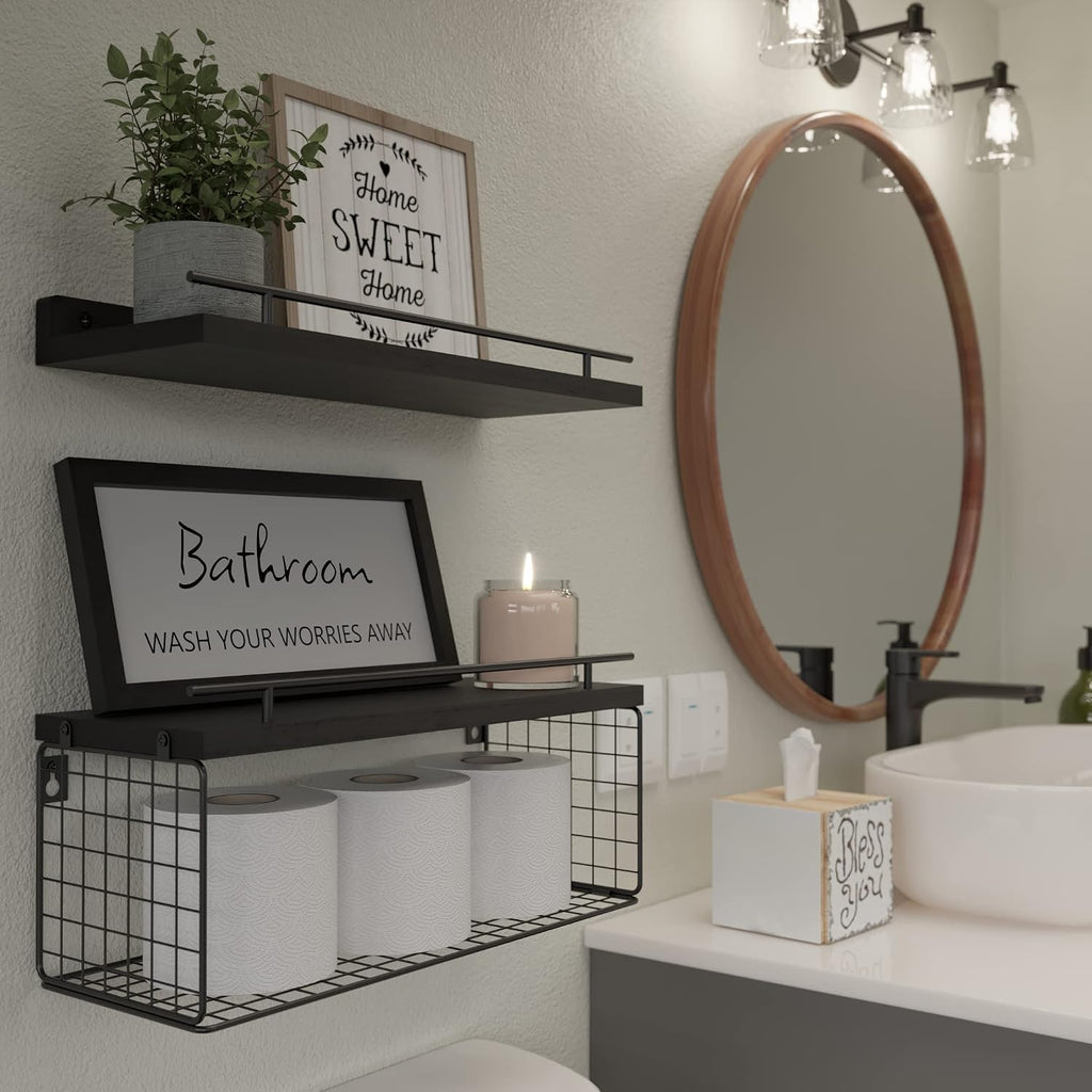 WOPITUES Floating Shelves for Bathroom Decor Art, Modern Black