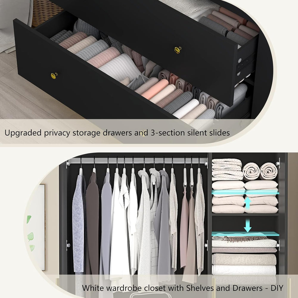 jiteentarou 3 Door Wardrobe Closet with Mirror and LED Lights, Bedroom Armoir...