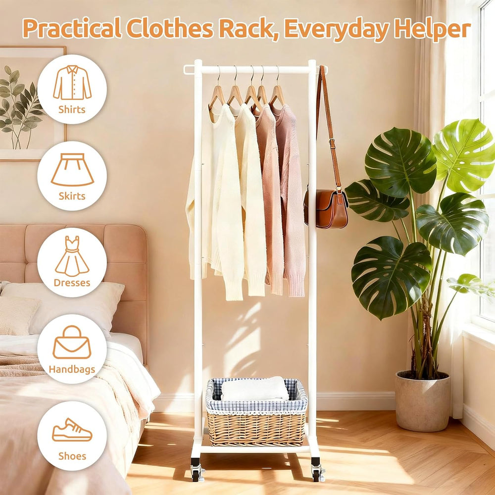 LiaMeE 63-Inch White Clothes Rack with Shoe Shelf and Side Hooks