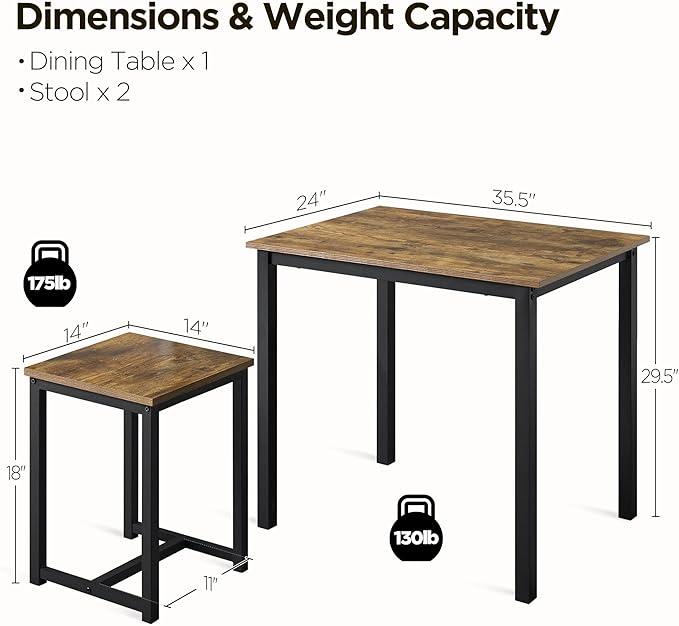 Yaheetech Industrial Dining Kitchen Table Set for 2 Breakfast Nook Table w/ 2 Stools for Dining Room Kitchen Small Space, Rustic Brown (3 Piece)